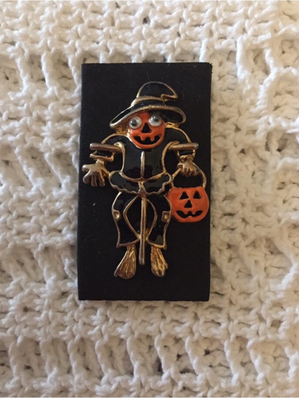 Halloween Whimsical Pumpkin Scarecrow Pin - Orange and Black With Pumpkin